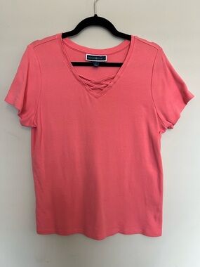 Karen Scott Pink Short-Sleeve V-Neck Top with Lattice Detail Cotton Size L